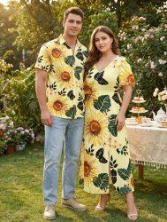Sunflower Leaf Branch Print Plus Size Matching Hawaii Beach Outfit For Couples -  
