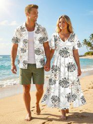 Tropical Leaf Flowers Print Plus Size Matching Hawaii Beach Outfit For Couples -  