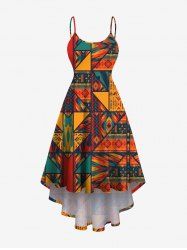 Plus Size Ethnic Pattern Scarf Print High Low Hawaii Cami Dress -  