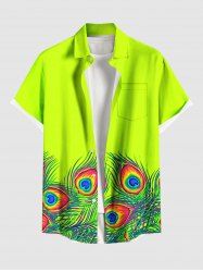 Plus Size Peacock Feather Print Buttons Pocket Hawaii Shirt For Men -  