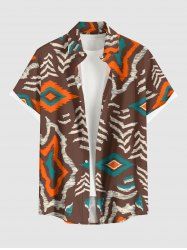 Chemise hawaïenne à imprimé géométrique ethnique grande taille et poche boutonnée pour homme - Brun XL