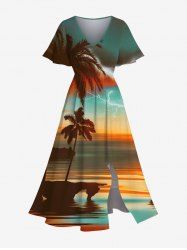 Robe midi trapèze grande taille à imprimé hawaïen « Coconut Tree Lightning Ombre Dusk » et poches fendues - Brun Légère 2X