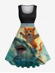 Plus Size Shark Cat Sea Waves Print Hawaii Vintage Swing A Line Dress -  