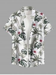 Chemise hawaïenne grande taille pour homme, à imprimé floral tropical, feuilles et cocotiers, boutons et poche. - Blanc 2XL