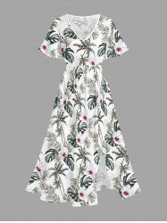 Robe mi-longue fendue hawaïenne à imprimé de feuilles et de fleurs tropicales avec cocotiers, grandes tailles - Blanc 2X
