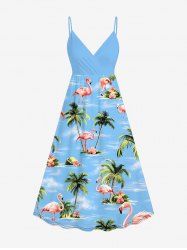 Robe à bretelles trapèze grande taille imprimée cocotier flamant rose et hibiscus, style hawaïen, cache-cœur - Bleu clair 4X