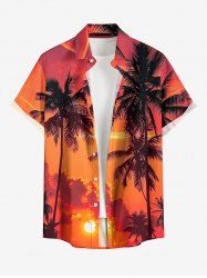 Plus Size Coconut Tree Dusk Print Hawaii Button Pocket Shirt For Men -  