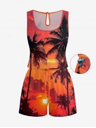 Plus Size Coconut Tree Dusk Print Hawaii Drawstring Pocket Romper -  