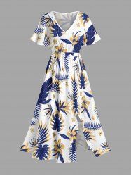 Robe midi trapèze grande taille à imprimé floral tropical et hibiscus, style hawaïen, avec poches fendues - Blanc S