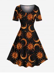 Plus Size Sun Moon Star Face Print A Line Dress -  