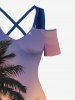 Tenue de plage hawaïenne assortie pour couples, imprimé coucher de soleil ombré avec cocotiers, grandes tailles - Orange 