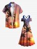 Robe longue hawaïenne grande taille à imprimé coucher de soleil ombré et cocotier, épaules dénudées et croisées, style ombré. - Orange 1X
