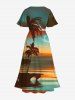 Robe midi trapèze grande taille à imprimé hawaïen « Coconut Tree Lightning Ombre Dusk » et poches fendues - Brun Légère 2X