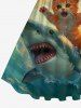 Plus Size Shark Cat Sea Waves Print Hawaii Vintage Swing A Line Dress -  