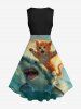 Plus Size Shark Cat Sea Waves Print Hawaii Vintage Swing A Line Dress -  