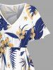 Plus Size Tropical Leaf Hibiscus Flower Print Hawaii Split Pocket A Line Midi Dress -  