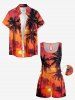 Plus Size Coconut Tree Dusk Print Hawaii Drawstring Pocket Romper -  