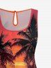 Plus Size Coconut Tree Dusk Print Hawaii Drawstring Pocket Romper -  