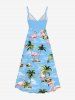 Robe à bretelles trapèze grande taille imprimée cocotier flamant rose et hibiscus, style hawaïen, cache-cœur - Bleu clair 4X