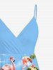 Robe à bretelles trapèze grande taille imprimée cocotier flamant rose et hibiscus, style hawaïen, cache-cœur - Bleu clair 4X