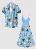 Robe à bretelles trapèze grande taille imprimée cocotier flamant rose et hibiscus, style hawaïen, cache-cœur - Bleu clair 4X