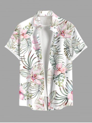 Plus Size Flowers Leaf Tropical Print Buttons Pocket Hawaii Shirt For Men - WHITE - 5XL