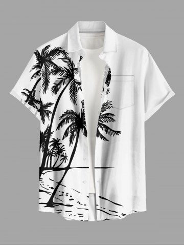 Chemise hawaïenne grande taille pour homme, imprimée de cocotiers et de paysages marins, avec poches et boutons. - WHITE - 6XL