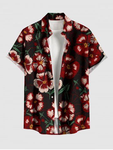 Plus Size Flowers Leaf Print Buttons Pocket Hawaii Shirt For Men - BLACK - M