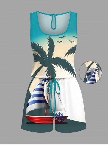 Plus Size Coconut Tree Sailboat Rudder Ombre Print Cinched Hawaii Romper - GREEN - S