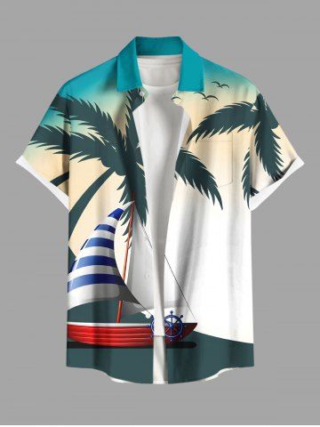 Plus Size Coconut Tree Sailboat Rudder Ombre Print Buttons Pocket Hawaii Shirt For Men - GREEN - S