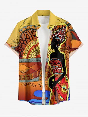 Plus Size Ethnic Lady Sun Print Buttons Pocket Hawaii Shirt For Men - ORANGE - S