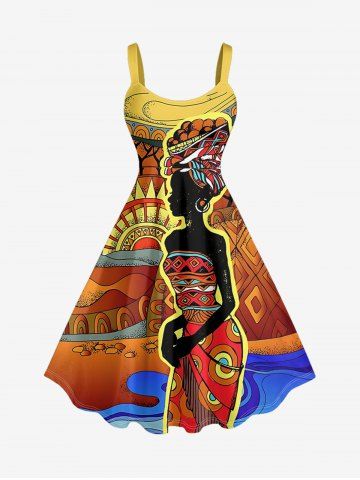 Plus Size Ethnic Lady Sun Print Hawaii Tank Dress - ORANGE - M