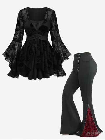 Ensemble grande taille : haut à manches évasées orné de dentelle floquée à têtes de mort et pantalon à jambes croisées fleuries - BLACK