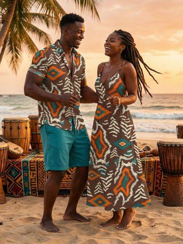 Ensemble de plage hawaïen assorti grandes tailles à imprimé graphique géométrique ethnique pour couples - BROWN