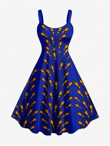 Robe trapèze hawaïenne à imprimé plumes de paon grande taille - BLUE - XS