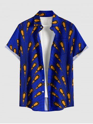 Plus Size Peacock Feather Print Hawaii Buttons Pocket Shirt For Men - BLUE - 6XL