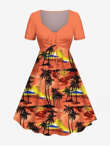 Plus Size Coconut Tree Flowers Print Cinched Hawaii Dress - DARK ORANGE - XXS