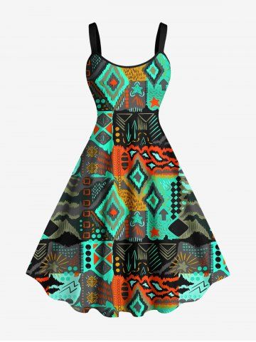 Plus Size Ethnic Pattern Print Hawaii Tank Dress - GREEN - XXS