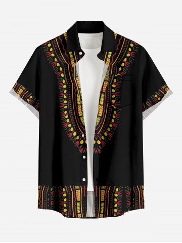 Chemise hawaïenne grande taille à motifs ethniques imprimés, boutons et poches pour hommes - BLACK - L