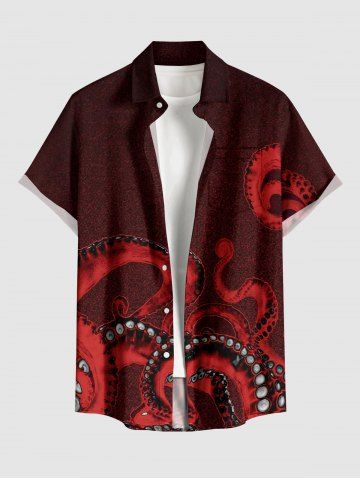 Chemise hawaïenne à imprimé pieuvre grande taille et poche boutonnée pour homme - BLACK - S