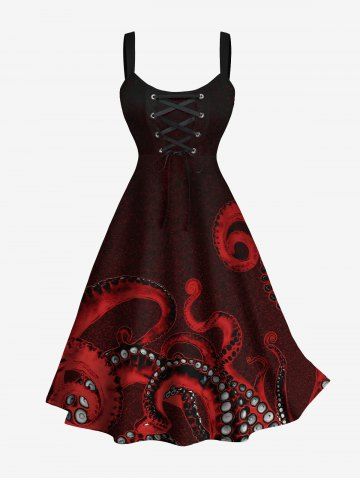 Robe trapèze à imprimé pieuvre grande taille, style hawaïen, lacée - BLACK - 4X