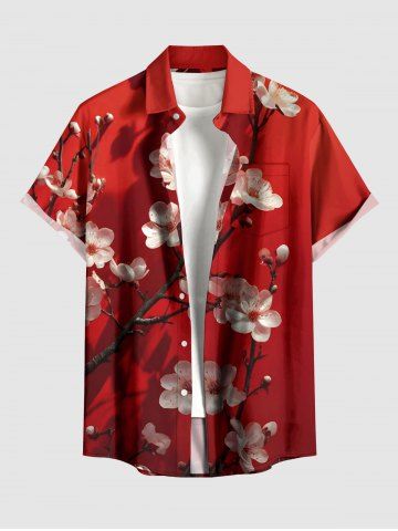 Chemise hawaïenne à imprimé floral et poches boutonnées grande taille pour hommes - RED - 6XL