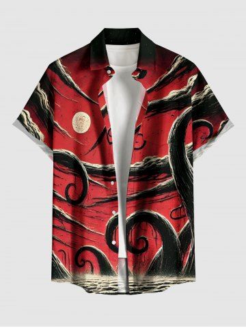 Plus Size Octopus Sea Moon Print Hawaii Button Pocket Shirt For Men - RED - L