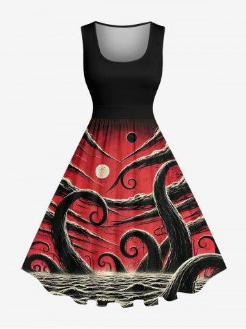 Plus Size Octopus Sea Moon Print Hawaii Swing A Line Dress - RED - XXS