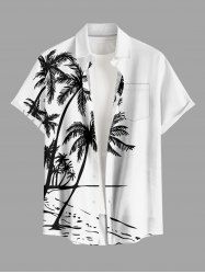 Chemise hawaïenne grande taille pour homme, imprimée de cocotiers et de paysages marins, avec poches et boutons. - Blanc 2XL