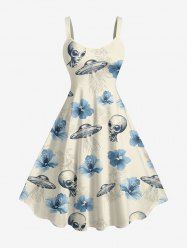 Robe débardeur hawaïenne grande taille à imprimé extraterrestre et fleurs d'hibiscus - Bleu clair XXS