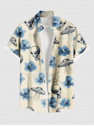 Plus Size Hibiscus Flowers Alien UFO Print Buttons Pocket Hawaii Shirt For Men -  