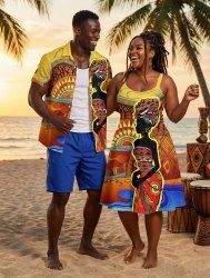 African Print Ethnic Lady Sun Plus Size Matching Hawaii Beach Outfit For Couples -  