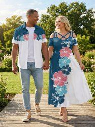 Flower Contrast Colorblock Print Plus Size Matching Hawaii Beach Outfit For Couples -  