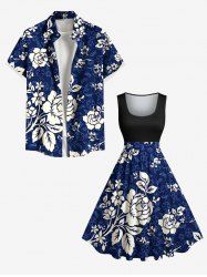 Ensemble de plage hawaïen assorti grande taille à imprimé fleurs et feuilles pour couples - Bleu Marine 